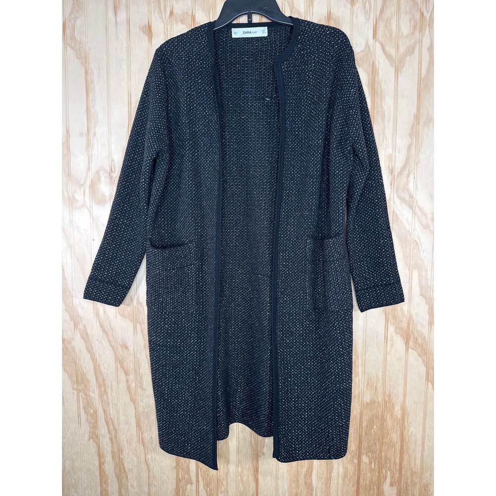 Zara Black Silver Metallic Knit Open Cardigan Size Small Long Pockets Side Slits
